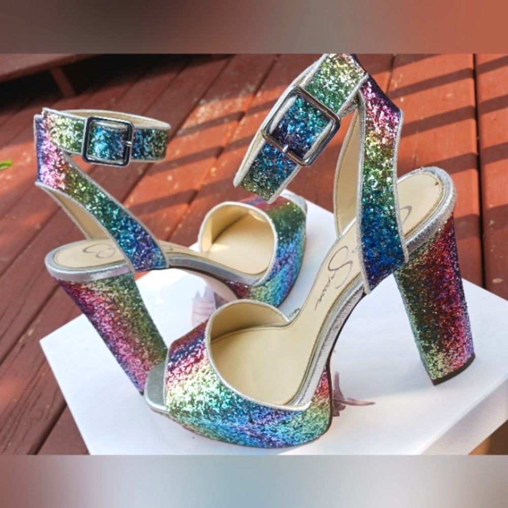 Jessica Simpson Chunky Rainbow Glitter High Heels Platform Shoes Size 9 Macie